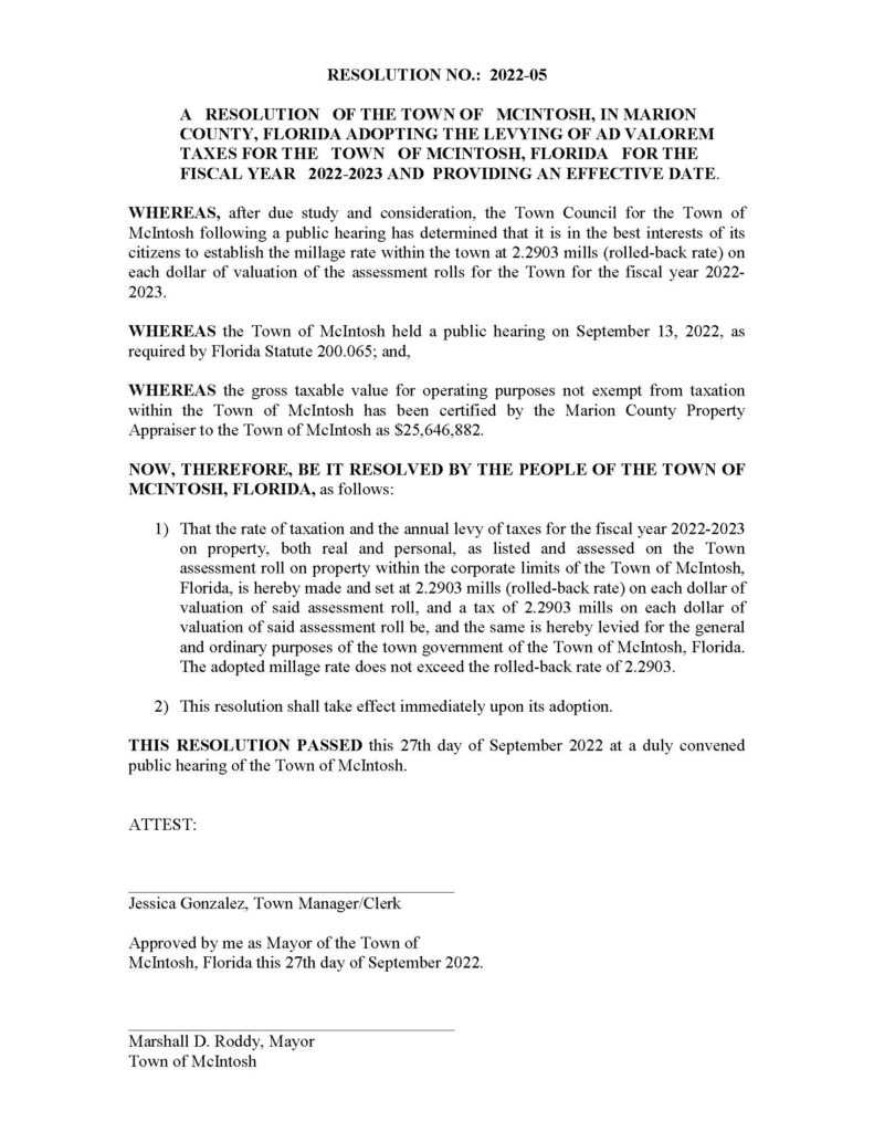 Notice of Budget Hearing – The Town of McIntosh